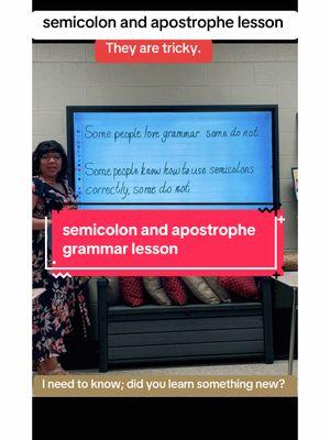 In this lesson, I’m tackling two of the trickiest punctuation marks: apostrophes and semicolons. My goal is to simplify them and make these concepts easy to understand. I’m using sentence corrections, one of my students’ favorite activities, to help them master the rules. For apostrophes, I cover possessive nouns, contractions, and common mistakes. For semicolons, I explain how to use them to link independent clauses. I’m proud to say I’m using my display board for this lesson—and, if I may say so, my handwriting looks just as great on the board as it does on the whiteboard behind me. Although I’m an old-fashioned teacher at heart, it’s fun to switch things up. #grammarlesson #grammar l  #PunctuationMadeEasy #Apostrophes #Semicolons #GrammarLesson #MiddleSchoolTeacher #TeachersOfTikTok #LearnWithMsJames #ESLLesson #GrammarSimplified #WritingTips #GrammarTips #InteractiveLearning #ViralGrammarLessons