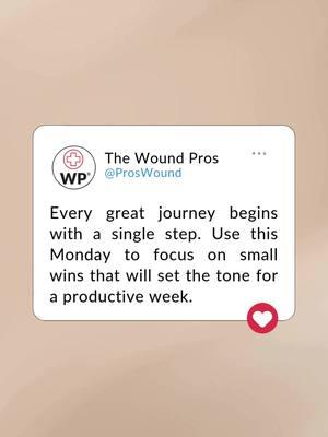 Every great journey begins with a single step. Use this Monday to focus on small wins that can set the tone for a productive week. 🌟 Whether it’s taking a moment to plan your day, completing one task from your to-do list, or simply prioritizing self-care, small actions lead to big achievements. 💪 💡 Monday Motivation Tips: ❤️ Set realistic goals for the week. ❤️ Celebrate small victories along the way. ❤️ Focus on progress, not perfection. ❤️ Take breaks to recharge your energy. Remember, productivity doesn’t mean doing everything at once. It’s about taking intentional steps toward your goals. What’s one small win you’re focusing on today? Share with us in the comments! ⬇️ #mondaymotivation #productivitytips #smallwins #mondaymindset #goalsetting #weeklygoals #selfimprovement #mindsetmatters #healthcareprofessionals #woundcareexperts #progressnotperfection #staymotivated #nursesofinstagram #doctorsofinstagram #selfcarematters #positivemindset #HealingJourney #mentalhealthmatters #startstrong #newweeknewgoals #mindfulmonday #focusonthegood #personaldevelopment #intentionalactions #successmindset #motivationalquote