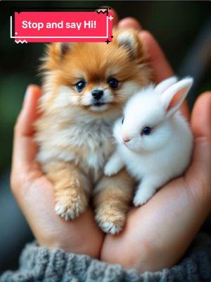 Who said bunnies and puppies can’t love each other?  Give a like if we are cute 🐾👍🏼 #bunnytok #pomeranianpuppy #whitebunny #cuteanimalsoftiktok 