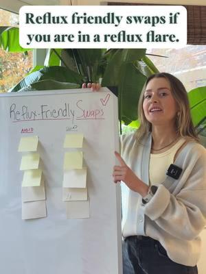 Reflux-Friendly Swaps to Get You Out of Your Reflux Flare!  Ready to take control of your reflux, GERD, LPR? Follow me to help reduce reflux and optimize your gut health. #GutHealth #AcidReflux #GERD #IBS #DigestiveIssues #IrritableBowelSyndrome #LPR #MindGutConnection #HealthyDigestion #StressManagement #HungerCues #Bloating #Constipation #DigestiveAids #GutHealthDiet #Dietitian #RefluxFriendlyfood #GutHealthRecipies #PPI #Flatulence