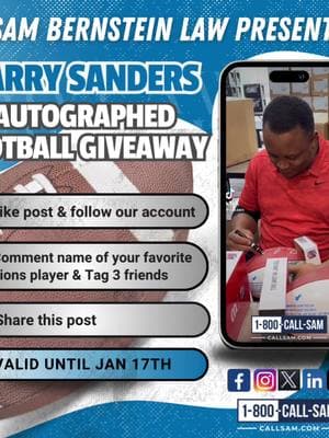 🏈🔥 GIVEAWAY ALERT!🔥🏈 Are you ready for this weekend’s game? In honor of the Lions tremendous season, we’re giving you a chance to win an autographed Barry Sanders football—a legendary piece for every Lions fan! 🦁💙 HOW TO ENTER: 1️⃣ Like this post & Follow us 📲 3️⃣ Tag 3 friends and comment the name of your favorite Detroit Lions player 4️⃣ Share this post to your feed or story. 🔄 It’s that easy! 🎉 Don’t miss your chance to score BIG with The Sam Bernstein Law Firm.💪 One lucky winner’s comment will be chosen at random on Monday January, 20. — Don’t miss this opportunity to own a piece of Lions’ memorabilia! For full list of terms and conditions pleas visit the following link: https://bit.ly/4hfmwA7 #BarrySanders #OnePride #CallSam