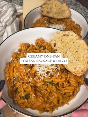 Creamy one-pan italian sausage and tomato orzo 🍅🌿 full recipe below! ✨  Ingredients: - 1 onion - 1 zucchini - olive oil - 1 lb ground Italian sausage - garlic - Italian seasoning - red pepper flakes - salt & pepper - 2 cups orzo - 15oz tomato sauce - 2 cups chicken broth - 1 cup heavy whipping cream - 1 cup chopped spinach - grated parmesan  Instructions: - heat olive oil in a large sauté pan (mine is from @Caraway Home - code “EATSWITHALLY10” gets you 10% off your order ☺️) - brown Italian sausage, breaking apart until no longer pink - mix in onions, zucchini, garlic, and seasoning - sauté until veggies start to soften - add in orzo and stir, cooking for 1 minute - mix in tomato sauce, chicke broth, and heavy cream, and bring to a boil - cover with a lid, lower heat, and simmer 10-15 minutes - remove lid and toss in chopped spinach and grated parmesan #dinner #DinnerIdeas #dinnerinspo #dinnerrecipe #Recipe #EasyRecipe #weeknightdinner #easydinner #onepanmeal #onepotmeals #easydinnerideas #quickdinner #orzo #FriendsofCaraway 