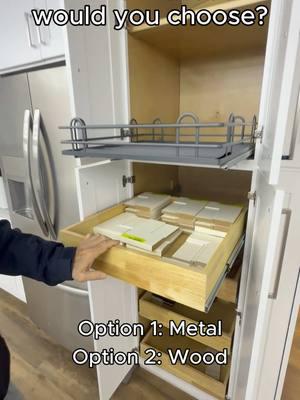 Which rollout shelf do YOU like best? Metal or wood? #lilyanncabinets #rolloutshelves #woodrolloutshelf #cabinetorganization #metalshelforganizer #pulloutshelves 