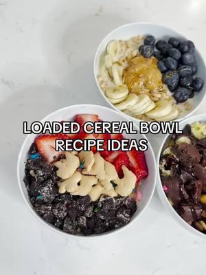 We can't stop making (and eating) these loaded cereal bowls - perfect for adding all your pregnancy cravings together. Here's the three recipes!  Protein Bowl:  1/2 chopped banana  1 scoop greek yogurt  milk with 1/2 scoop of protein powder  Honey Nut Cheerios  1 scoop of peanut butter  drizzle of honey  handful of blueberries  other 1/2 of chopped banana  Nostalgia Bowl:  1/2 chopped banana  nostalgic cereal - we used Oh's. Trix, and Lucky Charms milk chopped strawberries  crushed Oreos  animal crackers  Sweet Treat Bowl:  1/2 chopped banana chocolate chips  chocolate cereal - we used Cookie Crisp, Reese's Puffs, and Krave milk scoop of peanut butter  mini donuts  Cosmic Brownies  raspberries  chocolate drizzle  Make one and let us know what you think!  #loadedcereal #loadedcerealtok #pregnant #pregnancy #pregnancycraving #craving #cereal #sweetreat 