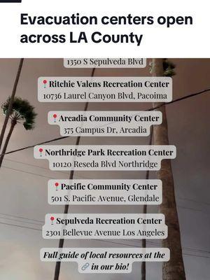 [🔗 IN BIO] Over 180,000 people in L.A. County have been evacuated due to the wildfires happening this week. This is a list of current emergency shelters open. If you know of any other helpful resources, let the community know in the comments below. 👉 Review our full guide for info on evacuation centers, animal shelters, and resources for those affected— at the link in our bio.  📹: terrestrial.paradise / IG #california #losangeles #lanews #localnews #lanews #weather #news #socal #southerncalifornia #emergency #evacuate #evacuationcenter #wildfires #redflagwarning #windstorm #resources #mysecretla 