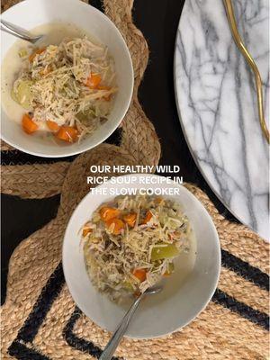 our healthy wild rice and orzo soup recipe in the crockpot 🤤 one of our favorite winter soups! #crockpotrecipes #crockpot #healthywintersoup #slowcooker #slowcookerrecipe #wildricesoup 