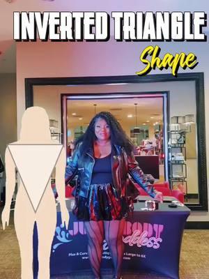 The inverted triangle body shape is characterized by broad shoulders, a defined waist, and narrower hips.  Balance the top and bottom: Create interest around the waist and hips to balance out the top half of the body.  #juicybodygoddess #plussizeboutique #charlottenc #invertedtriangle ##bodyshapes #tiktokpartner 