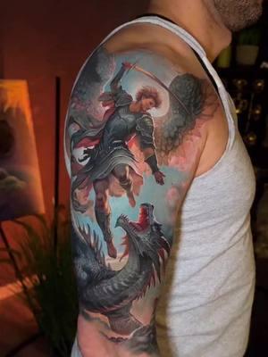 By Galina Simakina #halfsleevetattoo #halfsleeve #tattoo #tattooed #colortattoo #stgeorge #dragon #dragontattoo #armtattoo #armtatyoos #scene360 