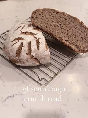 Obligatory crumb read. The flavor is 10/10- I let it ferment longer, for around 14 hours. So it has a delicious sour flavor. It’s surprisingly soft and not as dense as I thought it would be. However, it is slightly gummy. Probably because I cut into it after only 2 hours, because I was too impatient. #sourdough #sourdoughbreadbaking #gfsourdough #glutenfreesourdough #glutenfree #bread #bread #baking #sourdoughdiscard #asmr #asmrcooking 