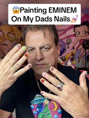 Moms Spaghetti anyone?🍝 EMINEM Nails for my Dad💅🏻😂…handpainted these bad boys in 3 1/2 hours, who says men can’t wear nail art?!👀🤪 should I post the FULL tutorial of these nails?! 🧐🤨 #nailart #gelmanicure #manicure #3Dnails #nails #dadsnails #mensnails #gelmani #eminem #nailzbydev #naildesign #nailartist 