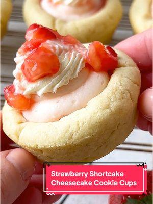 Be Mine Strawberry Shortcake Cheesecake Cookie Cups 🍓♥️  These cookie cups are so yummy! It’s an easy sugar cookie, that takes only 12 minutes to bake with diced fresh strawberries and cream cheese filling. Full recipe below. Sugar Cookie: * 12 tbsp unsalted butter, softened * 3/4 cup sugar * 1 egg, room temp  * 1 tsp vanilla * 1/2 tsp almond extract * 2 cup flour  * 1 tsp baking powder  Strawberry Base & Topping:  * 6-8 strawberries, diced  * 1/2 tbsp sugar  Cheesecake Frosting: * 8 oz cream cheese, softened  * 8 tbsp unsalted butter, softened  * 3 1/2 cups powder sugar  * 3 tbsp strawberry decorating icing * 1 tbsp heavy cream  * 1 tsp vanilla extract * Whip cream for topping  Directions. 1. Preheat oven to 350° F. 2. In a mixing bowl combine butter and sugar and beat till combine.  3. Add eggs and extract. Beat till combine.  4. Add in flour and baking powder one cup at a time till fully combined. Dough will be soft, not sticky. 5. Grease a 12 cup regular muffin pan and using a small ice-cream scooper fill each cup with cookie dough and press down making cavity. Bake for 12 minutes.  6. While baking dice strawberries and place in a small bowl. Spoon in a sugar and stir. Place in fridge.  7. Remove cookies from oven and let cool and make your frosting by beating together all ingredients.  8. Assemble cookie cup by put a 1/2 tbsp of strawberries at the bottom of each cup. Pipe in cream cheese frosting. Pipe on whip cream and add additional strawberries on top! Enjoy!  #cookiecups #cookiecup #strawberries #cookies #strawberryfilling #whipcream #creamcheese #cheesecake #cheesecakefilling #sugarcookie #sugarcookies #strawberryshortcake #strawberry #fruit #cookiemonster #food52community #vday #baker #valentines #galentines #valentiensday #loveyou #cheesecakefactory #cookiedecorating #kidfriendly #party #happy #bemine