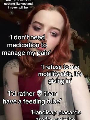 I hate the ‘I don’t do - bc it’s giving in’ comments. Even if they aren’t directed at me. Forcing your body to do things it’s YELLING at you not to do, should not be a point of pride. But for so many, it is. Using mobility aids, relying on medication, chosing not to drive due to brain fog, using a handicap placard, etc are not ‘giving in’. It’s not weak to find ways to make the world more accessible and to adapt and overcome the many challenges that come along with having a struggling body. Be kind to yourself. And overusing your body isn’t being kind to yourself. I honestly don’t find pride when ppl tell me that stuff, I find sadness. You don’t deserve to suffer just for the sake of being ‘normal’ whatever tf that means. #heds #hEDS #brainfog #chronicillnessawareness #cptsd #dissociation #vascularcompression #painmanagement #pots #chronicpain #malnutrition #disabled #MentalHealth #ehlersdanlos #mals #tubie #smas #mobilityaid 