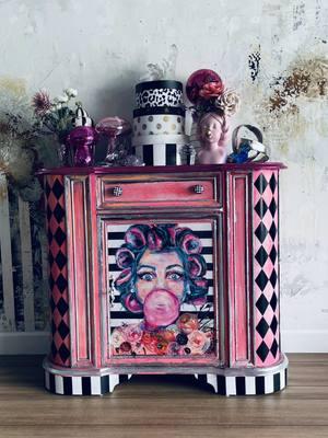 This year I’m using all the products I already have on hand to create beautiful furniture! I was excited to find Bubblegum girl and use her on this piece! #whimsical #furnitureflip #furnitureart #resinart #furnitureartist #redesignwithprima #furnituremakeover 