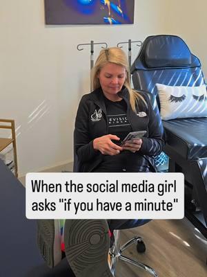 When the social media girl asks if you have a minute to make a video… sigh 😩 The struggle is real! #ContentQueen #OneMinuteTurnsToTen #SocialMediaLife #MedspaBehindTheScenes #DoItForTheGram