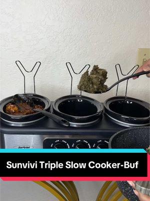 I love the slow cooker keeps food warm and doesn't over heat or burn#easeofcleaning#lidholders#worksgreat#slowcooker@Sunvivi Triple Slow Cooker-Buf 