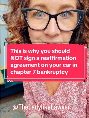 Replying to @kntseeu This is why I try so desperately to stop my clients from signing reaffirmation agreements on vehicles after they file chapter 7 bankruptcy!  Please listen to me… save yourself!  Never sign a reaffirmation agreement on a vehicle unless it has meaningful positive equity.  I’m a bankruptcy lawyer and I help people navigate debt relief with dignity.  #debtreliefwithdignity #financialliteracy #financialfreedom #debtrelief #bankruptcy #bankruptcy #lawyer #bankruptcyattorney #bankruptcytok #stopsuffering #youwillbeokay #bankruptcybasics #freshstart #magicofbankruptcy #debtfree #noshame #noembarassment #askme #nogatekeeping #lawyersoftiktok 