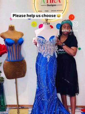 The blue or the silver?  #weddingdressdesigner #oklahomadesigner #tiktoktailor #seamstress #prom2025 #promdressdesigner #sewingcontent #seamstressesoftiktok #tiktoksewing #fashioncontent 