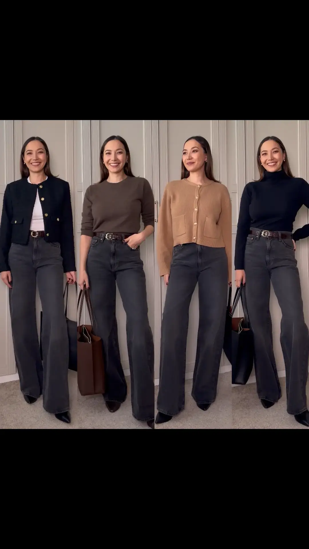 4 ways to style wide leg jeans for the office 🖤 Do you want to see more jeans or trouser styling? You can find the exact look in my LTK  #waystostyle #jeans #classics #officeoutfit #workwear 