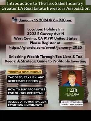 Guest Speaker: The Tax Sale Master Unlocking Wealth Through Tax Liens & Tax Deeds: A Strategic Guide to Profitable Investing January 16 @ 6:00 pm - 9:30 pm https://glareia.com/event/january-2025-gla-mtg/  Holiday Inn 3223 E Garvey Ave N West Covina, CA 91791    #ttsm #thetaxsalemaster #realestate #taxsaleinvesting #taxsales #taxsaleinvesting #taxdeed #taxlien #redeemabletaxdeed #glareia 