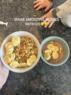 The way Brooks says strawberries🥹 #easybreakfastideas #toddlerbreakfastideas #toddlersoftiktok #smoothiebowl #smoothiebowlrecipes  Recipe-  -1 cup frozen strawberries  -1 cup frozen pineapple  -1 banana  -6 oz oat milk  Top with-  Granola  Banana  Honey 