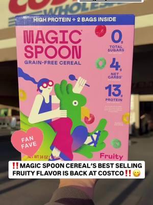 ‼️MAGIC SPOON CEREAL BEST SELLING FRUITY FLAVOR IS BACK AT COSTCO‼️ 🪄@Magic Spoon Fruity Flavor is available at @Costco Wholesale clubs nationwide for $12.69 for a box of 2 bags!🥄  #magicspoonpartner 🥣Magic Spoon cereal is high-protein, keto-friendly, gluten-free, grain-free, soy-free, wheat-free, and naturally flavored! 🙌Magic Spoon’s Fruity cereal has: ✅No artificial ingredients ✅0 grams of sugar ✅13 grams of protein ✅4 grams of net carbs ✅140 calories per serving 🛒 Magic Spoon has the great taste you love, with more protein and less sugar! A must add to your cart on your next Costco trip! #magicspooncereal #costcofind #cereal #costcodeals #costco