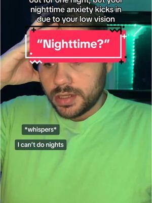 Due to my low vision, I always get anxious when nighttime plans are made. People like to walk around the city at nighttime. I cannot see very well where I’m walking at night. I have a white cane, which is helpful, but it all falls back on being safe. #lowvision #legallyblind #blindness #fypシ 