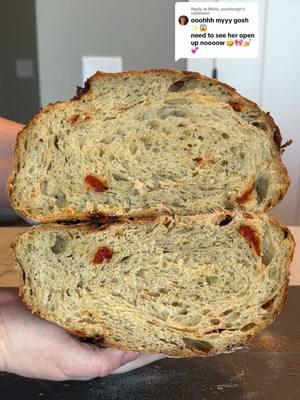 Replying to @Melis_sourdough Here’s the reveal! This one turned out so much better than my first attempt at pesto & sun-dried tomatoes! And just as delicious!! #sourdough #sourdoughbread #sourdoughinclusions #homemadesourdough  #makingsourdoughbread  #breadbaking 