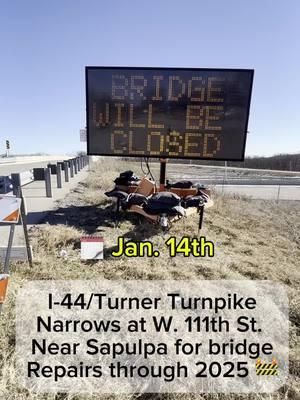 🚧 Traffic Alert  I-44/Turner Turnpike narrows near Sapulpa in Creek County — Westbound I-44/Turner Turnpike will have one lane closed at W. 111th St. (mm 214) on the west side of Sapulpa starting Jan. 14th through late winter 2025 for emergency bridge repairs to the county bridge that crosses above turnpike traffic. — W. 111th St. will be closed between S. 152nd W. Ave. and S. Willlow Lane for the duration of the bridge repairs. A signed detour route will be in place for local county road traffic. — The $596,608 emergency repair was awarded in December to Built Right Construction LLC. Work includes replacing bridge beams and a portion of the bridge deck and concrete rails that were damaged in a previous semi-tractor-trailer fire underneath the bridge. #news #traffic #construction #bridge #oklahoma #turnpike 