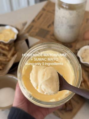 HOMEMADE MAYONNAISE + SUMAC MAYO 🫙• homemade mayo is probably one of the easiest things to make within minutes using 5 ingredients you probably already have on hand. But make it sumac mayo and it’s even better! The best part is you can make small batches at a time for the week or double it up for the next few weeks.  This will last up to 2 weeks and some even mention up to a month!  All you need is eggs, oil, salt, and dijon mustard. NOTE: I wanted a larger batch so i doubled mine 🥚🧂INGREDIENTS:  -1 egg -1 cup oil (i used avocado 🥑 oil) -1/2 tsp salt -1/2 tsp dijon mustard  🫙🥚🧂 RECIPE INSTRUCTIONS:  -add one room temperature egg to a wide mouth jar, salt, dijon mustard, and oil.  -place your immersion blender all the way to the bottom of the jar, turn it on and work your way blending from the bottom up.  -you want to make sure all the oil is blended nicely and after 3-4 minutes you’ll be left with the creamiest mayo EVER!  *** if adding sumac add in a total of 2 tsp but blending one tsp at a time -refrigerate up to 2 weeks.  🫙🫙🫙 #homemademayo #mayonnaise #mayo #homemademayonnaise #homemade #homemadefood #Recipe #cooking #condiment #sauce 