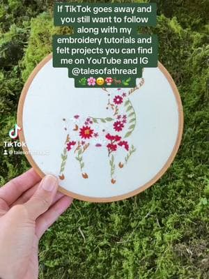 I love being here on TikTok and I am so sad that this platform may be gone soon. I have truly loved sharing my tutorials and projects. I have been especially touched to hear from you all and how much embroidery has made a positive impact to you! If you would like to continue following along with my tutorials and projects you can find me on YouTube and IG @talesofathread #handembroidery #embroiderytutorial #embroiderytok #stag #deer #flowerembroidery #floralembroidery #animalembroidery #embroidereddlowers