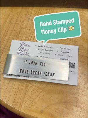 Custom Hand Stamped Money Clip Wallet 💵 #rareriverworks #handmadegifts #money #moneyclipwallet #moneyclip #giftsforhim #handcrafted #smallbiz #bts #handstampedmetal #handmadewithlove 