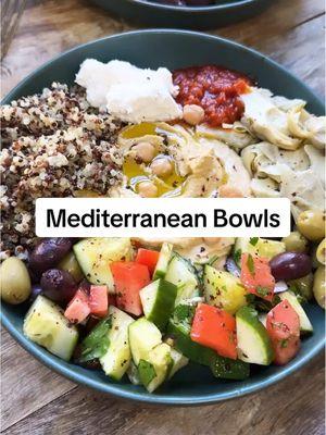 Mediterranean Bowls with Quinoa and Hummus - this plant based recipe is the next recipe in my 30 Day Mediterranean Diet Meal Plan!  This Mediterranean bowl is the answer to easy, quick, and healthy lunches and dinners. With creamy hummus, tangy feta cheese, briny olives, tart and crunchy marinated artichoke hearts, and fresh cucumber tomato salad, it’s a flavor party in every spoonful.  This quinoa bowl is plenty satisfying all on its own, with the quinoa being a great source of plant based protein. But if you’d like to “beef” it up even more you can add chicken, canned tuna, sardines or smoked salmon.  Ingredients: ▢ 1 cup tri-color quinoa, rinsed ▢ Kosher salt ▢ 1 1/2 cups hummus ▢ Mediterranean Cucumber Tomato Salad ▢ 4 to 6 ounces feta cheese, broken into large pieces ▢ 1/2 cup pitted Kalamata olives ▢ 1/2 cup pitted Castelvetrano olives ▢ Harissa (optional) ▢ 1 cup quartered marinated artichoke hearts ▢ Extra virgin olive oil ▢ Aleppo pepper and/or sumac (optional) #mediterraneanfood #mediterraneandiet #mediterraneansalad #quinoabowl #quinoasalad #quinoarecipe #mediterraneandietmealplan #mealplan #mealplanideas #mealplanning #healthyrecipes #mediterraneanbowls 