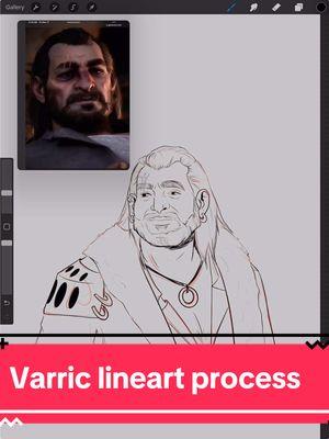 Lineart process of my #veilguard edit of our favorite dwarf #varrictethras - I’ve never drawn a dwarf before so the anatomy is different (I also added his ear piercings which the game took out). #artistsoftiktok #dragonage #datv #dragonagetheveilguard 