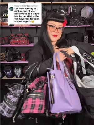 Replying to @BUBZ🐀 here are some cute alt mom diaper bag options :) and a sneak peek of a new bat wing tote color we’ll be adding soon 🖤 #fyp #altmom #SmallBusiness #alternative #bags #diaperbag #slingbag #gothicmom 