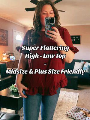 This ruffled blouse is super flattering on! It is marketed for plus size, but is still a good midsize option also. #plussize #midsize #highlowfashion #curvy #midsizefashion #flattering #blouse #affordablefashion #tiktokshopfinds 