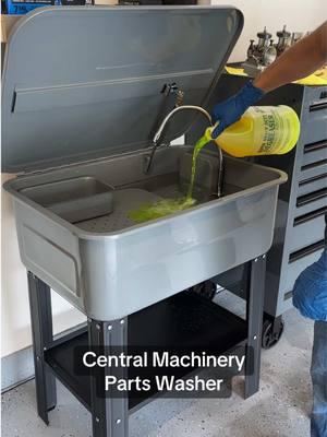 The Central Machinery 20 Gallon Parts Washer with High-Flow Pump features a flexible spigot that allows you to direct solvent flow over parts. Priced at only $139.99. #HarborFreight #PartsWasher