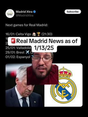 🚨Real Madrid News as of 1/13/25 #realmadrid #halamadrid #madrid #celtavigo #celtadevigo #cdr #ucl #laliga #copadelrey #laspalmas #championsleague #salzburg #valladolid #brest #espanyol #bernabeu #santiagobernabeu #atleticodemadrid #atleticomadrid #atletico #fcbarcelona #barcelona #barca #milan #acmilan #liverpool #liverpoolfc #athletic #valdebebas #florentinoperez #florentino #perez #carloancelotti #ancelotti #valverde #fedevalverde #supercopadeespaña #supercopa #supercup #solari #fab #fabrizioromano #fabrizio #xabi #xabialonso #bayerleverkusen #taa #leverkusen #trentalexanderarnold #alexanderarnold #trent #lfc #elche #tchouameni #raulasencio #vinicius #vitorreis #albacete #palmeiras #christiankofane #rodrigomendoza #viniciusjunior #viniciusjr #vinijr #vini #futbol #futboltiktok #football #footballtiktok #Soccer #soccertiktok #fyp #tapiaa__ 