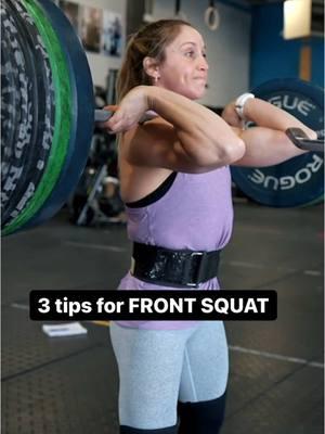 3 Tips for the Front Squat 👇  1️⃣ Start with hands shoulder width apart. Scoop elbows up and under so triceps are parallel to the floor or as close to it as possible. In this position the the Barbell should rest on the meaty part of your shoulders gently touching your neck but not cutting off your air supply 🤪. (Ideally you can get as many fingers around the bar as possible but if needed you can release Your ring and pinky finger to get your elbows higher) 2️⃣ Stance: Feet should be shoulder width apart. Midline is active. Take a big inhale creating 360 degrees of pressure around your midline or filling all 360 degrees of your belt (If wearing one). 3️⃣ Initiate by pushing hips slightly back and down. Knees track out over toes. Chest stays tall. Focus on keeping elbows high and eyes up throughout the lift at all times Try to find something in front of you to focus on to keep you from looking down. If we look down our chest and elbows tend to follow our eyes dripping to the floor and then gravity takes over and we lose the bar forward. We want to focus on maintains a strong midline with eyes up and elbows up throughout the entire lift! #FrontSquat #weightlifting #tips #workout #lift #fit #fitness #crossfit #strengthtraining #strength