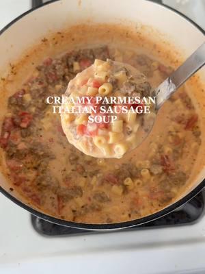 Creamy Parmesan Italian sausage soup 👌🏼 This is by far one of my fav soups 😋 RECIPE👇🏻 • 1lb Italian sausage  • 1/2 cup diced onion • 2 minced garlic cloves • 1 tsp Italian seasoning  • 1/2 tsp salt • 1/2 tsp pepper  • 4 cups chicken broth • 1 14.5 ounces diced tomatoes  • 8 ounces ditalini pasta  • 8 ounces cream cheese  • 1/2 cup grated Parmesan  DIRECTIONS👇🏻 Brown sausage, drain grease and then add onion, salt, pepper & Italian seasoning. Cook 1-2 minutes. Add garlic and cook for 1 more minute until fragrant.  Add tomatoes, broth, & pasta. Boil until pasta is al dente.  Lower heat and stir in cream cheese(softened to room temp) & Parmesan.  Serve topped with Parmesan and optional fresh basil 🌿  You can also add more cream/milk for a thinner consistency if desired. 😁  #soup #soupseason #souptok #souprecipes #souprecipe #cozysoup #comfortingsoup #comfortfood #FoodTok #yummy #delicious #creamyparmesanitaliansausagesoup #sausagesoup #Recipe #EasyRecipe #easysoup #easysouprecipes 