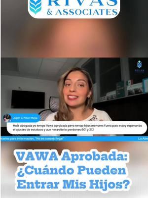 ⚖️ ¿Tienes la VAWA aprobada pero tus hijos menores están fuera del país? 📍 Ayudamos a clientes en todo EE.UU. 📞 ¿Tienes preguntas? ¡Estamos aquí para ayudarte! ☎️ - Nacional: (844) 37-RIVAS #Inmigracion #Immigration #RivasAssociates #abogadaLorena #RivasyAsociados #AbogadaDeInmigración #DerechosMigratorios #AyudaLegal #SueñoAmericano #immigrationlaw #Inmigración #abogada #Inmigración #abogadadeinmigracion #I601 #I212 #PerdonesMigratorios #VAWA ⚠️ Los resultados pueden variar de un caso a otro. Se requiere una consulta detallada para determinar si usted califica para nuestros servicios. Tenga en cuenta que hay diversas tarifas de presentación dependiendo de las aplicaciones que enviamos al USCIS, las cuales deben pagarse por separado. Nuestra tarifa solo cubre los honorarios por nuestra representación legal. No prometemos ni garantizamos resultados específicos, ya que cada caso es único. Esta información tiene propósitos educativos y no debe interpretarse como asesoría legal. Se recomienda a los clientes buscar consejo personalizado para su situación. ⚠️