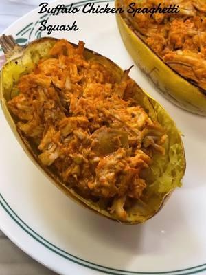 Another G spot recipe! Low cal, high protein, high volume              1 small spaghetti squash, 165g shredded chicken, 1 laughing cow wedge, 55g buffalo sauce 360 calories 34g protein #lowcalorie #highprotein #highproteinmeals #highvolumelowcalorie #spaghettisquash #buffalochicken #buffalosauce #easylunch #easylunchideas #healthyrecipes 