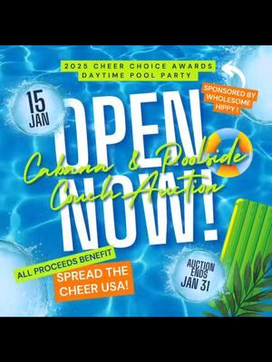 The Daytime Pool Party, sponsored by Wholesome Hippy, Cabanas, and Poolside Couch Auction, begins TODAY! Click the link in our bio to make a bid NOW!✨🌴🌊 If you’re attending the Daytime Pool Party and want a place to relax in the sun while supporting Spread The Cheer USA, place a bid on a cabana or a poolside couch!  Cabanas and couches are available on a first-come, first-served basis, so make sure to place a bid early! All proceeds of this auction benefit Spread The Cheer USA! 🫶  The auction is officially live on our website NOW and ends January 31st. Click the link in our bio to place your bid. Let’s get ready to party!! 🥳 #cheerchoiceawards #cheerchoiceawards2025 #spreadthecheerusa #contentcreator #socialmedia #lasvegas #palmscasinoresort #spreadingpositivity #poolparty #auction #daytimepoolparty #wholesomehippy