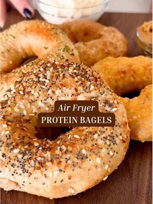 30 min AIR FRYER PROTEIN BAGELS! Happy #NationalBagelDay ! SAVE this post for your carb cravings! These bagels are made with just flour (I use whole wheat for extra fiber), baking soda, salt, and Greek yogurt. No yeast, no fuss! Customize them sweet or savory with toppings like cinnamon sugar, everything bagel seasoning, or Parmesan and herbs. YOU’LL NEED: -1 c all-purpose flour (use up to 1/2 c whole wheat) -1 tsp baking powder -1/4 tsp kosher salt -1 c plain Greek yogurt (non-fat) OPTIONAL TOPPINGS: -Everything bagel seasoning -Cinnamon sugar -Rosemary Parmesan -Shredded cheddar -1 egg beaten w/ 1 T water (for egg wash) Mix dry ingredients with yogurt to form a dough. Knead, shape into bagels, and brush with egg wash for toppings to stick. Air fry at 350°F for 8-10 minutes, and DEVOUR! Detailed recipe with step-by-step at the link in my bio. #airfryerrecipes #highprotein #proteinbagels #easybreakfast #healthyrecipes #snackideas #greekyogurt #mealprepideas #bakingwithoutyeast #healthysnackideas