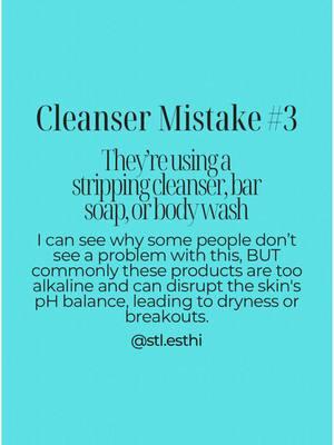 Follow me on IG for more tips and tricks! (Same handle)  ❌ Bar soap, shampoo, or body wash on your face? Stop right there! ❌ Your skin deserves better. Bar soaps, shampoos, and body washes can strip essential oils, disrupt your pH, and leave your skin feeling tight and dry. Switch to a cleanser that caters to your unique skin needs. Comment your skin type/types and I’ll DM you my guide on ingredients to look for and avoid in your cleansers.  🌟 Need help finding your perfect match? I’ve got you covered! Book a virtual or in person consultation through the link in my bio.  #CleansingMistakes #RightProductsForYourSkin #HealthyGlow #SkinCareMadeSimple #EstheticianHelp #SkinHealth #GlowUpWithMe