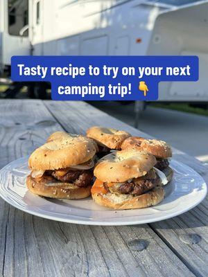 Try this grilled bagel sliders recipe for National Bagel Day! 🥯 Ingredients: 🥩 1 lb ground beef  🥯 1 bag of mini bagels  🧅 1 onion   🥒 Dill pickles 🧀 Sliced cheddar  🧂 Salt and pepper to taste  For the Slider Sauce: 1/3 cup ketchup  1 tbsp yellow mustard  2 tbsp pickle juice  How to prepare: 1️⃣ Slider Sauce: Mix ketchup, mustard, and pickle juice in a bowl. Set aside.  2️⃣ Burgers: Season the ground beef with salt and pepper. Shape them into mini patties. 🍔 3️⃣ Grill Time: Cook the patties on the grill, adding cheese to melt to perfection. 🧀 4️⃣ Bagels: Toast the mini bagels until golden brown. 🥯 5️⃣ Assemble: Place the cheesy burger patties on the toasted bagels. Top with slider sauce, sliced onions, and pickles. 🧅🥒 Enjoy! #SunOutdoors #RVKitchen #SliderRecipe #EasyRecipes #NationalBagelDay #Sliders #BagelRecipe