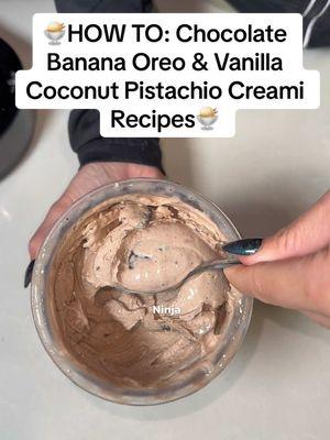 almost gave up on my @Ninja Kitchen creami until discovering these flavors (thanks, mom) 🍨 RECIPES BELOW: ✨Chocolate Banana Oreo Blend: 2 cups fairlife whole milk 1 ripe banana 1.5-2 scoops chocolate protein (I use @Podium Nutrition Chocolate Ripple) A little under 1 tbsp chocolate jello pudding mix ✨Vanilla Coconut with Pistachios & Honey Cereal Blend: 2 cups @fairlife whole milk 1.5-2 scoops vanilla protein (I use @DrinkOrgain)  A little under 1 tbsp vanilla pudding mix 🕒 Instructions: Blend ingredients for each recipe and pour into Ninja Creami pint. Freeze for 24 hours. Creami Spin Steps: Hit Ice Cream. Hit Respin. Add a dash of milk and hit Respin again. Add mix-ins (mini @OREO for the chocolate & chopped pistachios for vanilla) and hit Mix-In. Sprinkle @Three Wishes Cereal honey protein cereal on top (for vanilla recipe) Done!  Which one will you try first? 👀 #ninjacreami #ninjacreamirecipes #dessert #highprotein #highproteindessert 