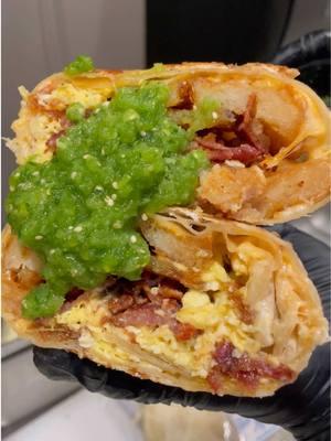 Salsa verde w/ our BEC burrito sheesh😮‍💨 #eggbred #bacon #burrito #cheese #egg #breakfast #lahabra #longbeach #huntingtonbeach #fyp 