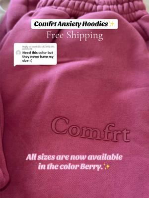 Replying to @user8373587271231 all sizes are now available in the color berry. Berry sells fast so I would grab a set now. So comfy and soft and the best hoodies out there! @Comfrt ❤️ #comfort #comfrt #comfrtclothing #comfrthoodie #comfrtsweatpants #hoodie #sweatpants #weightedhoodie #anxietyhoodie #oversizedhoodie #comfyclothes 