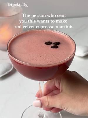 This Red Velvet Espresso Martini is the loveliest cocktail for Valentine's Day ❤️ Tag a friend you'd like to make one with. -1.5 oz. Baileys Red Velvet -1 oz. vodka -1.5 oz. espresso -espresso beans for garnish #redvelvetespressomartini #redvelvet #espressomartini #ValentinesDay #valentinescocktails 