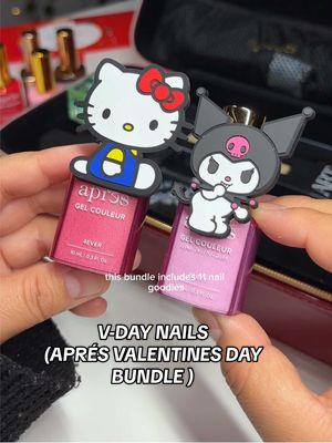 V-day nails using the limited-edition @Apres Nail Valentine's Day Bundle! 💕 This bundle includes everything you need to create the perfect nail look!  Featured Products: Hello Kitty Bow Cut Out Gel-X Tips, Extend Gel Sensitive, Aprés X Hello Kitty Flash Glitter in "Party", Gel Couleurs in "Easter Parader" and "Deeply Rooted", Gold Omni Light, Short Liner Art Brush, and Cuticle Serum in Summer Touches #aprespartner #apresvalentine #xoxoapres #valentinesdaynails #vdaynails #vdaynailinspo #gelxnails 